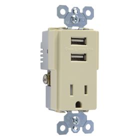 Pass & Seymour radiant TM8-USBICC6 Decorator USB Charger With Tamper Resistant Receptacle, 15 A, 125 VAC, 2 Poles, Ivory