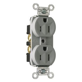 Pass & Seymour TR5262-GRY 3-Phase Duplex Tamper Resistant Straight Blade Receptacle, 125 VAC, 15 A, 2 Poles, 3 Wires, Gray