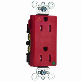 Pass & Seymour Straight Blade Receptacle TRIG26262-HGRED Decorator Duplex Heavy Duty Isolated Ground Tamper Resistant Wall Mount Straight Blade Receptacle, 125 VAC, 15 A, 2 Poles, 3 Wires, Red