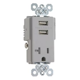 Pass & Seymour TR5361USB-GRY Decorator USB Charger With Tamper Resistant Receptacle, 20 A, 125 VAC, 2 Poles, 3 Wires, Gray