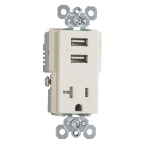 Pass & Seymour TR5361USB-LA Decorator USB Charger With Tamper Resistant Receptacle, 20 A, 125 VAC, 2 Poles, 3 Wires, Light Almond