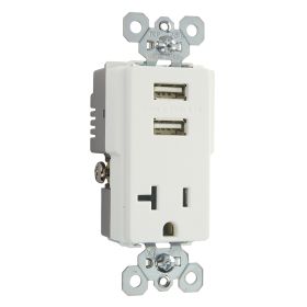 Pass & Seymour TR5361USB-W Decorator USB Charger With Tamper Resistant Receptacle, 20 A, 125 VAC, 2 Poles, 3 Wires, White