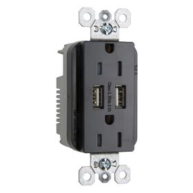 Pass & Seymour TR-5262USBBK Tamper Resistant Duplex Receptacle With USB Charger, 15 A, 125 VAC, 2 Poles, 3 Wires, Black