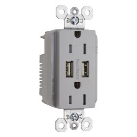 Pass & Seymour TR-5262USBGRY Tamper Resistant Duplex Receptacle With USB Charger, 15 A, 125 VAC, 2 Poles, 3 Wires, Gray