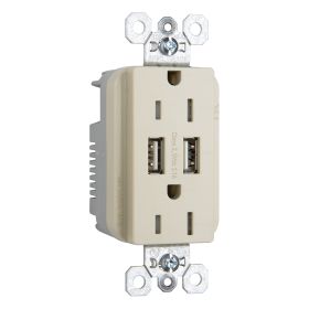 Pass & Seymour TR-5262USBI Tamper Resistant Duplex Receptacle With USB Charger, 15 A, 125 VAC, 2 Poles, 3 Wires, Ivory