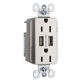 Pass & Seymour TR-5262USBNI Decorator Duplex Tamper Resistant Combination Receptacle With USB Charger, 15 A, 125 VAC, Nickel