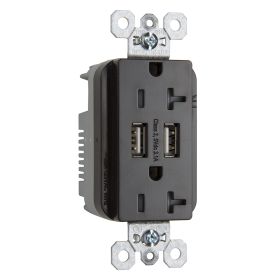 Pass & Seymour TR-5362USB Tamper Resistant Duplex Receptacle With USB Charger, 20 A, 125 VAC, 2 Poles, 3 Wires, Brown