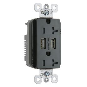 Pass & Seymour TR-5362USBBK Tamper Resistant Duplex Receptacle With USB Charger, 20 A, 125 VAC, 2 Poles, 3 Wires, Black