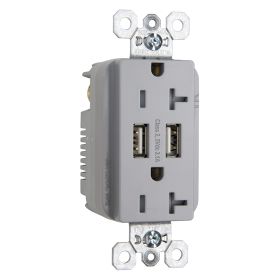 Pass & Seymour TR-5362USBGRY Tamper Resistant Duplex Receptacle With USB Charger, 20 A, 125 VAC, 2 Poles, 3 Wires, Gray