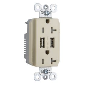 Pass & Seymour TR-5362USBI Tamper Resistant Duplex Receptacle With USB Charger, 20 A, 125 VAC, Ivory