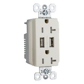 Pass & Seymour TR-5362USBLA Tamper Resistant Duplex Receptacle With USB Charger, 20 A, 125 VAC, Light Almond