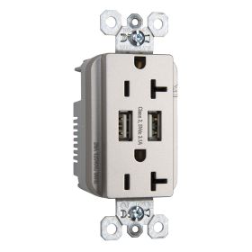 Pass & Seymour TR-5362USBNI Decorator Duplex Tamper Resistant Combination Receptacle With USB Charger, 20 A, 125 VAC, 1 Phase, 2 Poles, 3 Wires, Nickel