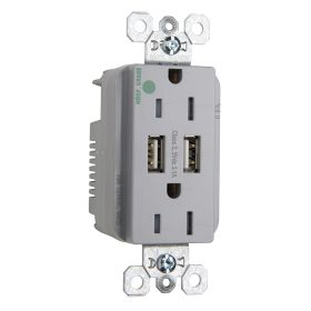 Pass & Seymour TR-8200HUSBGRY Decorator Duplex Tamper Resistant Combination Receptacle With USB Charger, 15 A, 125 VAC, Gray