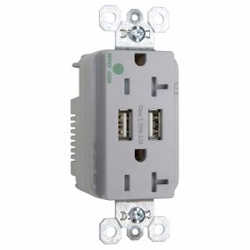 Pass & Seymour TR-8300HUSBGRY Decorator Tamper Resistant Duplex Receptacle With USB Charger, 20 A, 125 VAC, 2 Poles, 3 Wires, Gray