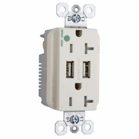 Pass & Seymour TR-8300HUSBLA USB Charger With Tamper Resistant Duplex Receptacle, 20 A, 125 VAC, Light Almond