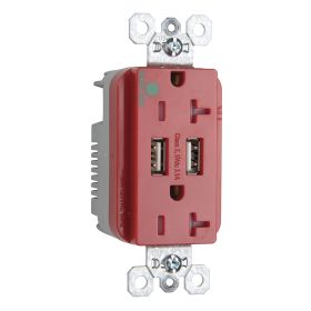 Pass & Seymour TR8300HUSBRED Decorator Tamper Resistant Duplex Receptacle With USB Charger, 20 A, 125 VAC, 2 Poles, 3 Wires, Red