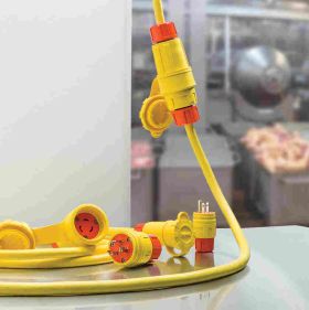 Pass & Seymour Turnlok STERIGUARD 26W75AM Anti-Microbial Straight Blade Watertight Locking Plug, 250 VAC, 20 A, 3 Poles, 4 Wires, Orange/Yellow