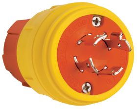 Pass & Seymour Turnlok STERIGUARD 26W76AM Anti-Microbial Straight Blade Watertight Locking Plug, 480 VAC, 20 A, 3 Poles, 4 Wires, Orange/Yellow