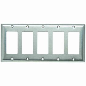 Pass & Seymour SS265 Standard Wallplate, 5 Gangs, 4-1/2 in H x 10 in W, 302 Stainless Steel/Thermoplastic