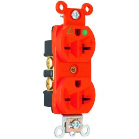 Pass & Seymour IG8800 Duplex Heavy Duty Straight Blade Receptacle, 250 VAC, 20 A, 2 Poles, 3 Wires, Orange