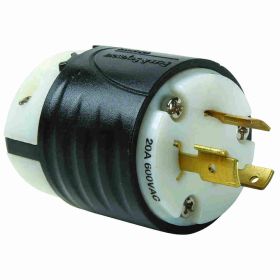 Pass & Seymour Turnlok L920-P Locking Plug, 600 VAC, 20 A, 2 Poles, 3 Wires, Black/White