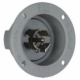 Pass & Seymour Turnlok L2220-FI 3-Phase Locking Flanged Inlet, 277/480 VAC, 20 A, 4 Poles, 5 Wires, Gray