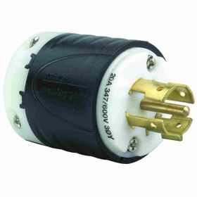 Pass & Seymour Turnlok L2320-P Locking Plug, 347/600 VAC, 20 A, 4 Poles, 5 Wires, Black/White