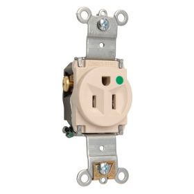 Pass & Seymour 8201-LA Heavy Duty Single Straight Blade Receptacle, 125 VAC, 15 A, 2 Poles, 3 Wires, Light Almond