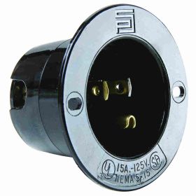 Pass & Seymour 5278-SSBK Straight Blade Flanged Inlet, 125 VAC, 15 A, 2 Poles, 3 Wires, Black