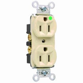 Pass & Seymour 8200-HI Compact Design Duplex Heavy Duty Straight Blade Receptacle, 125 VAC, 15 A, 2 Poles, 3 Wires, Ivory