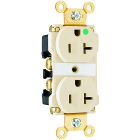 Pass & Seymour 8300-ILI Duplex Extra Heavy Duty LED Illuminated Straight Blade Receptacle, 125 VAC, 20 A, 2 Poles, 3 Wires, Ivory