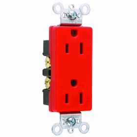 Pass & Seymour Straight Blade Receptacle 26252-RED Decorator Duplex Heavy Duty Wall Mount Straight Blade Receptacle, 125 VAC, 15 A, 2 Poles, 3 Wires, Red