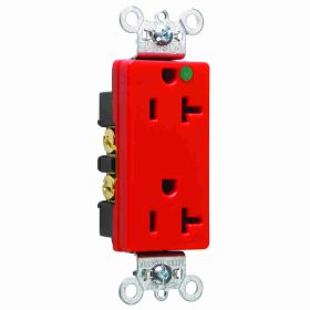 Pass & Seymour 26362-HGRED Decorator Duplex Heavy Duty Straight Blade Receptacle, 125 VAC, 20 A, 2 Poles, 3 Wires, Red