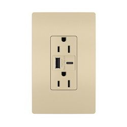 Pass & Seymour R26USBACI Hybrid USB Charger With Duplex 15 A NEMA 5-15R Tamper-Resistant Receptacle, 125 VAC, 15 A, Ivory