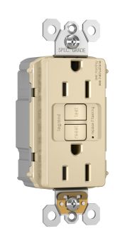 Pass & Seymour PT1597-I Duplex Self-Test GFCI Receptacle With Matching TP Wall Plate, 125 VAC, 15 A, 2 Poles, 3 Wires, Ivory