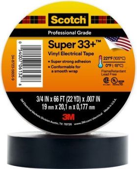 3M 33+-3/4X76FT-1 Super 33+ Black Vinyl Electrical Tape 3/4 in X 76 ft 1 in Core 100 Rolls/Case