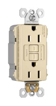 Pass & Seymour PT1597-TRI Duplex Self-Test Tamper Resistant GFCI Receptacle With Matching TP Wall Plate, 125 VAC, 15 A, 2 Poles, 3 Wires, Ivory