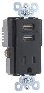 Pass & Seymour TR5261USB-BK Decorator Single Tamper Resistant Combination Receptacle With USB Charger, 15 A, 125 VAC, Black