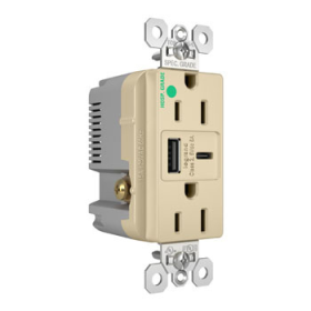 Pass & Seymour TR15HUSBAC6I 15A 125V Hospital-Grade Tamper-Resistant Duplex Receptacle with USB A/C Fast Charging Ports Ivory