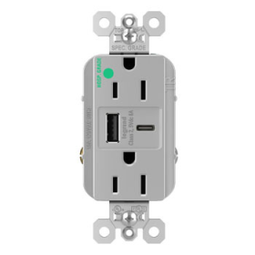 Pass & Seymour TR15HUSBAC6GRY 15A 125V Hospital-Grade Tamper-Resistant Duplex Receptacle with USB A/C Fast Charging Ports Gray