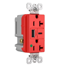 Pass & Seymour TR20HUSBACRED 20A 125V Hospital-Grade Tamper-Resistant Receptacle with USB A/C Charging Ports Red