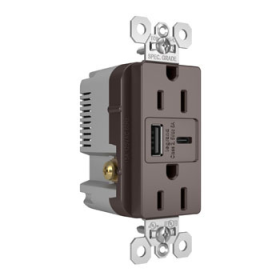 Pass & Seymour TR15USBAC6 15A 125V Tamper-Resistant Duplex Receptacle with USB C/C Fast Charging Ports Brown