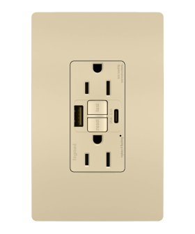 Pass & Seymour radiant 1597TRUSBAC-I 15A Tamper-Resistant Self-Test GFCI USB Type-AC Outlet Ivory