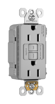 Pass & Seymour PT1597-TRGRY Duplex Self-Test Tamper Resistant GFCI Receptacle With Matching TP Wall Plate, 125 VAC, 15 A, 2 Poles, 3 Wires, Gray