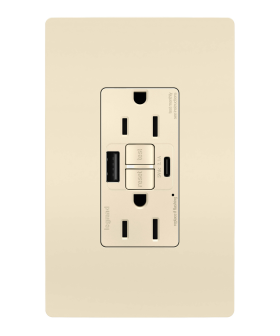 Pass & Seymour radiant 1597TRUSBAC-LA 15A Tamper-Resistant Self-Test GFCI USB Type-AC Outlet Light Almond