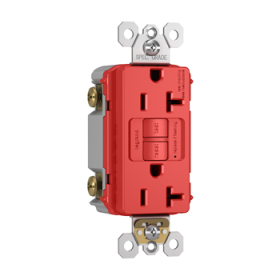 Pass & Seymour radiant TradeMaster 2097-RED Self-Test Duplex GFCI Receptacle With SafeLock Protection, 125 VAC, 20 A, 2 Poles, 3 Wires, Red