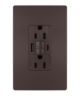 Pass & Seymour radiant 1597TRUSBACDBC4 radiant Tamper-Resistant 15A Duplex Self-Test GFCI Receptacles with SafeLock Protection USB Type A/C Dark Bronze C4