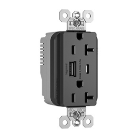 Pass & Seymour PTTR20ACUSBBK PlugTail Duplex Tamper Resistant USB Charging Receptacle, 20 A, 125 VAC, Black