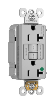 Pass & Seymour PT2097-HGGRY Self-Test GFCI Receptacle, 125 VAC, 20 A, 2 Poles, 3 Wires, Gray