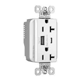 Pass & Seymour PTTR20ACUSBW PlugTail Duplex Tamper Resistant USB Charging Receptacle, 20 A, 125 VAC, White